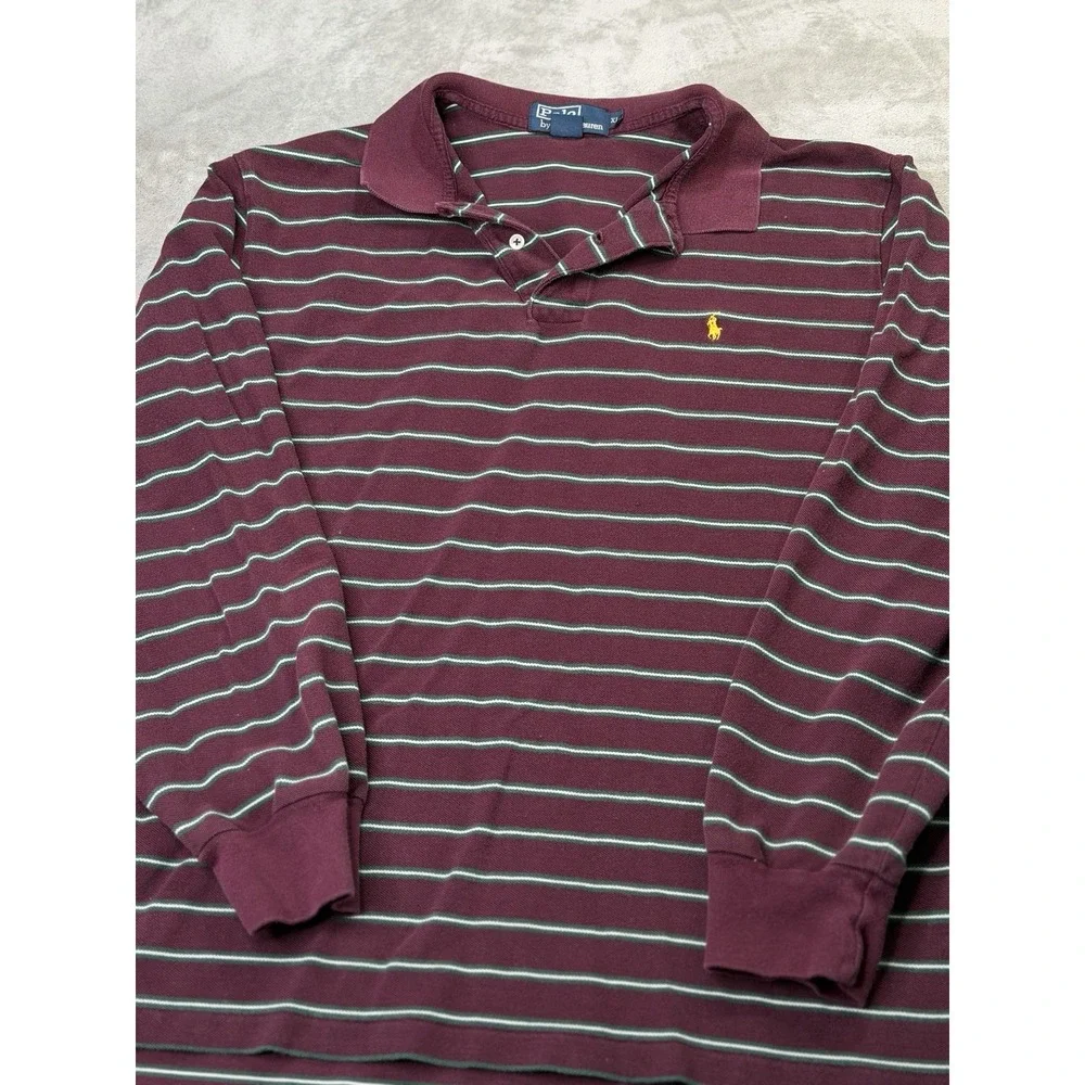 Polo Ralph Lauren Long Sleeve Polo Men XL Burgundy Striped Cotton Pique Vintage